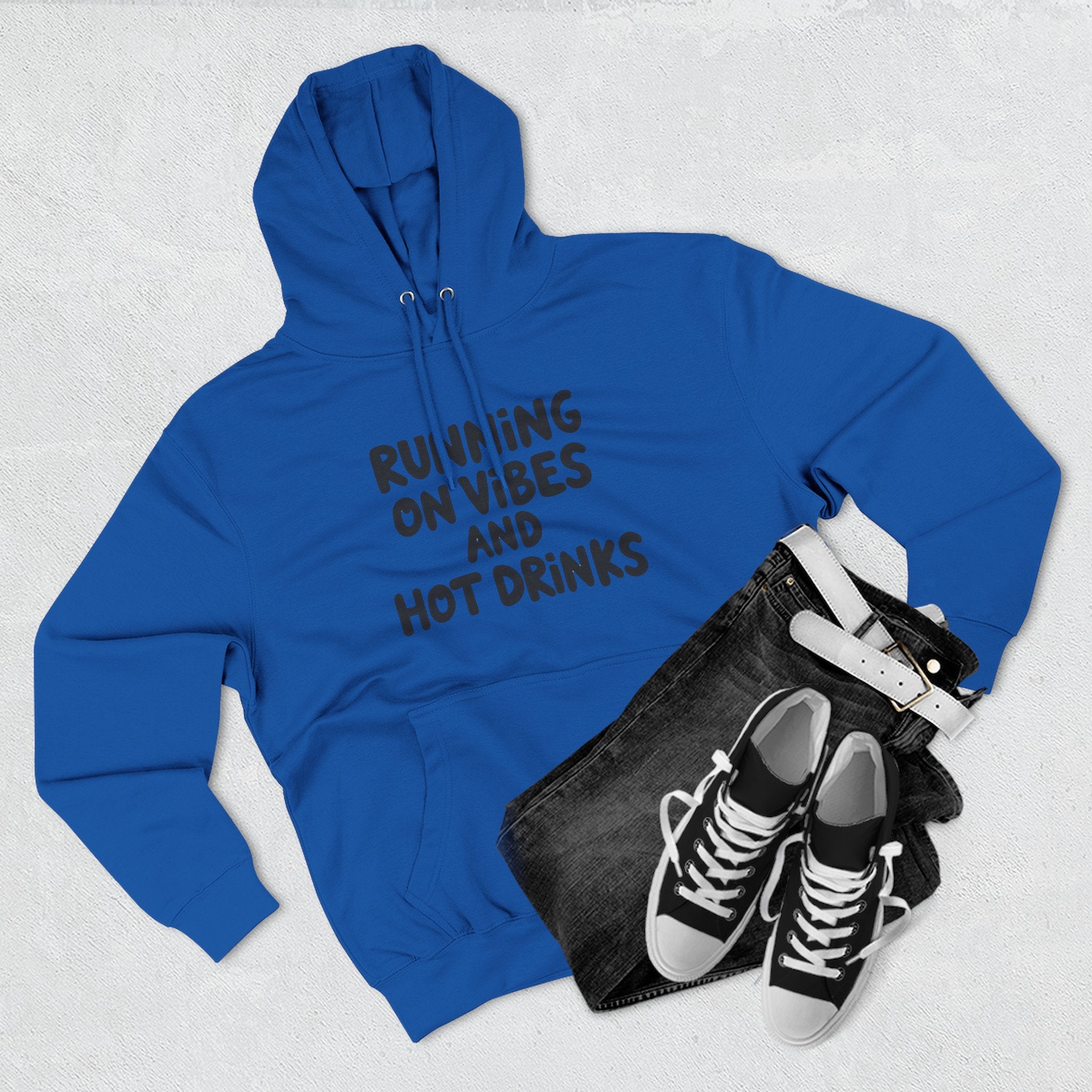 Running on Vibes and Hot Drinks Hoodie — Cozy Coffee Lover Pullover