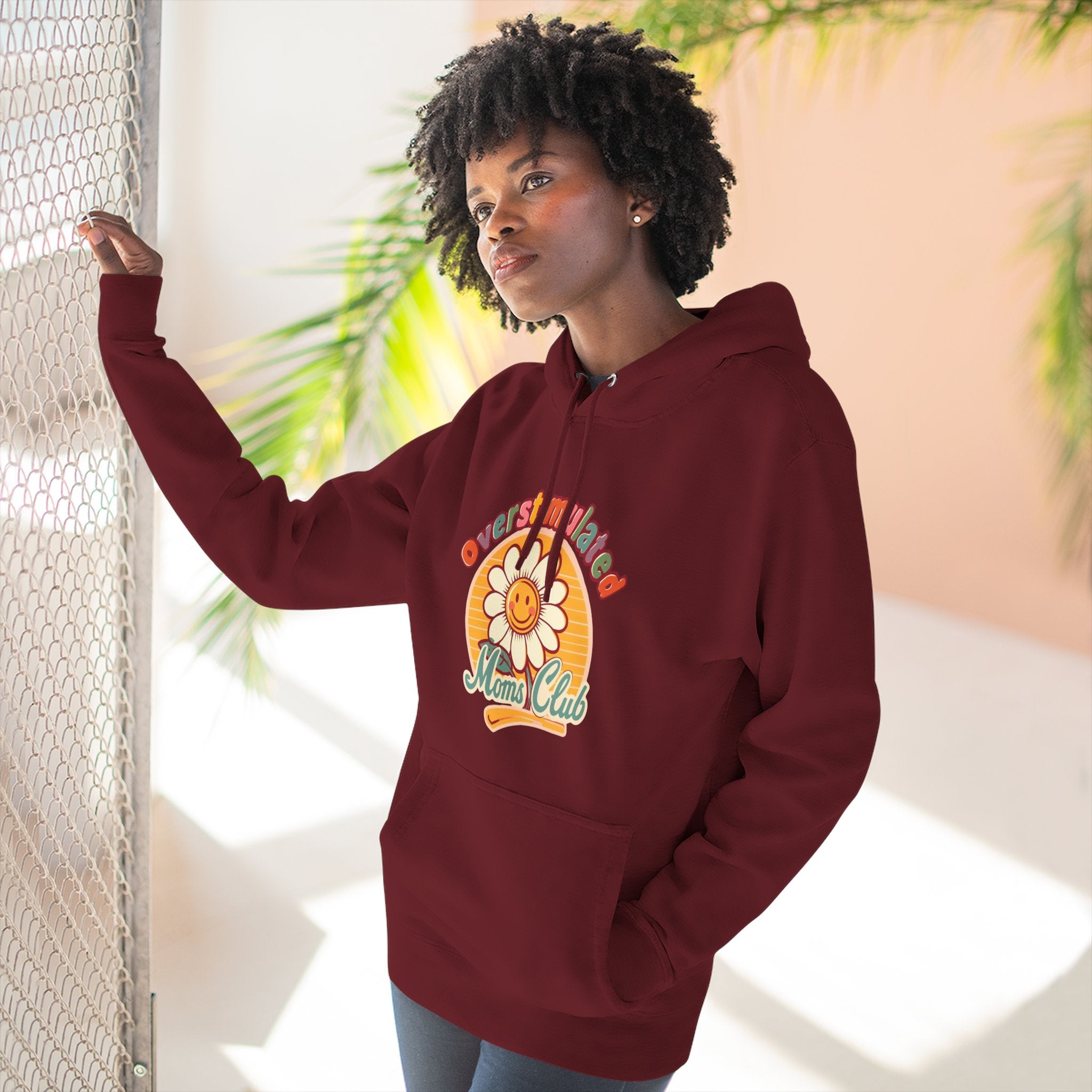 Retro "Moms Club" Fleece Hoodie — Sunshine Flower Graphic
