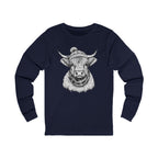 Highland Cow Sketch Long Sleeve Tee — Rustic Farm Animal Graphic Shirt