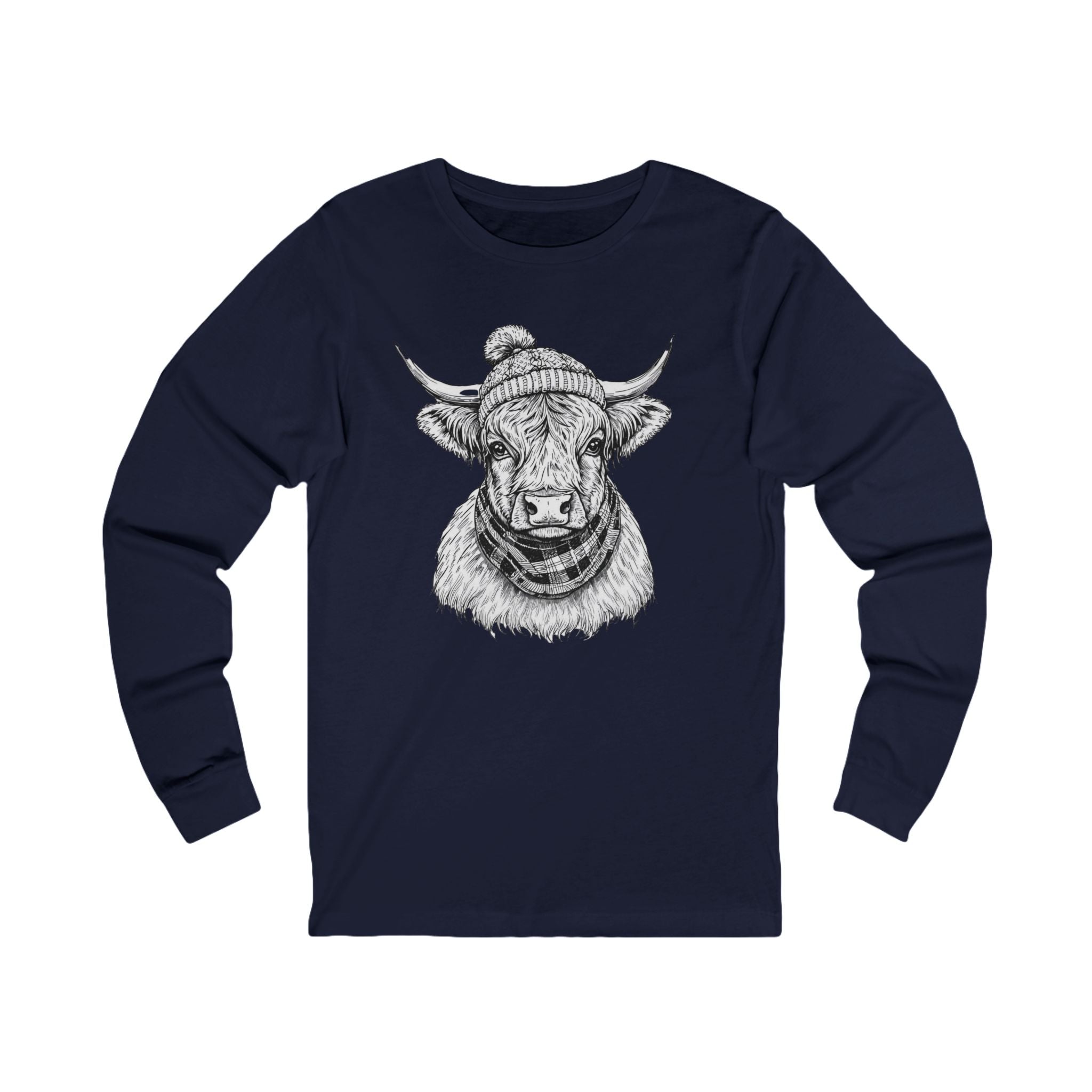 Highland Cow Sketch Long Sleeve Tee — Rustic Farm Animal Graphic Shirt