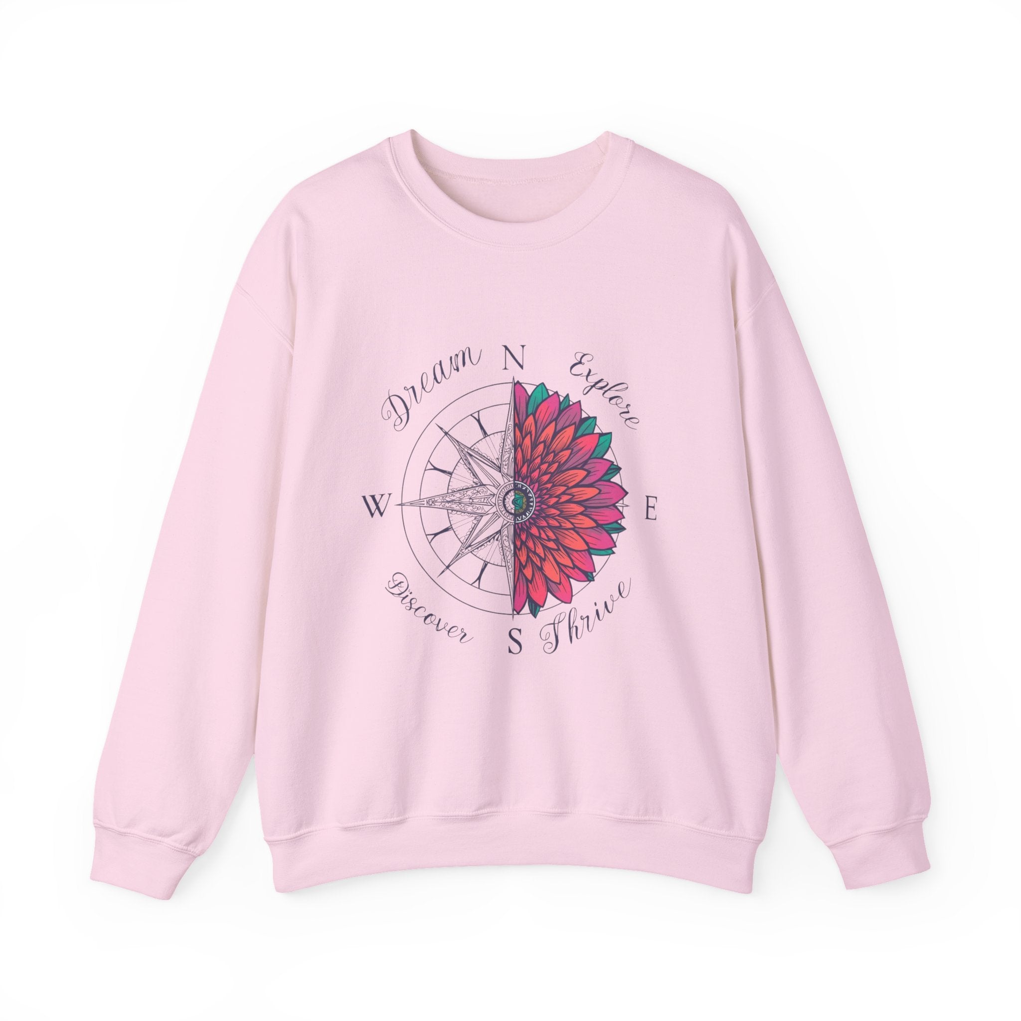 Compass Flower Crewneck Sweatshirt — "Dream, Explore, Discover" Graphic
