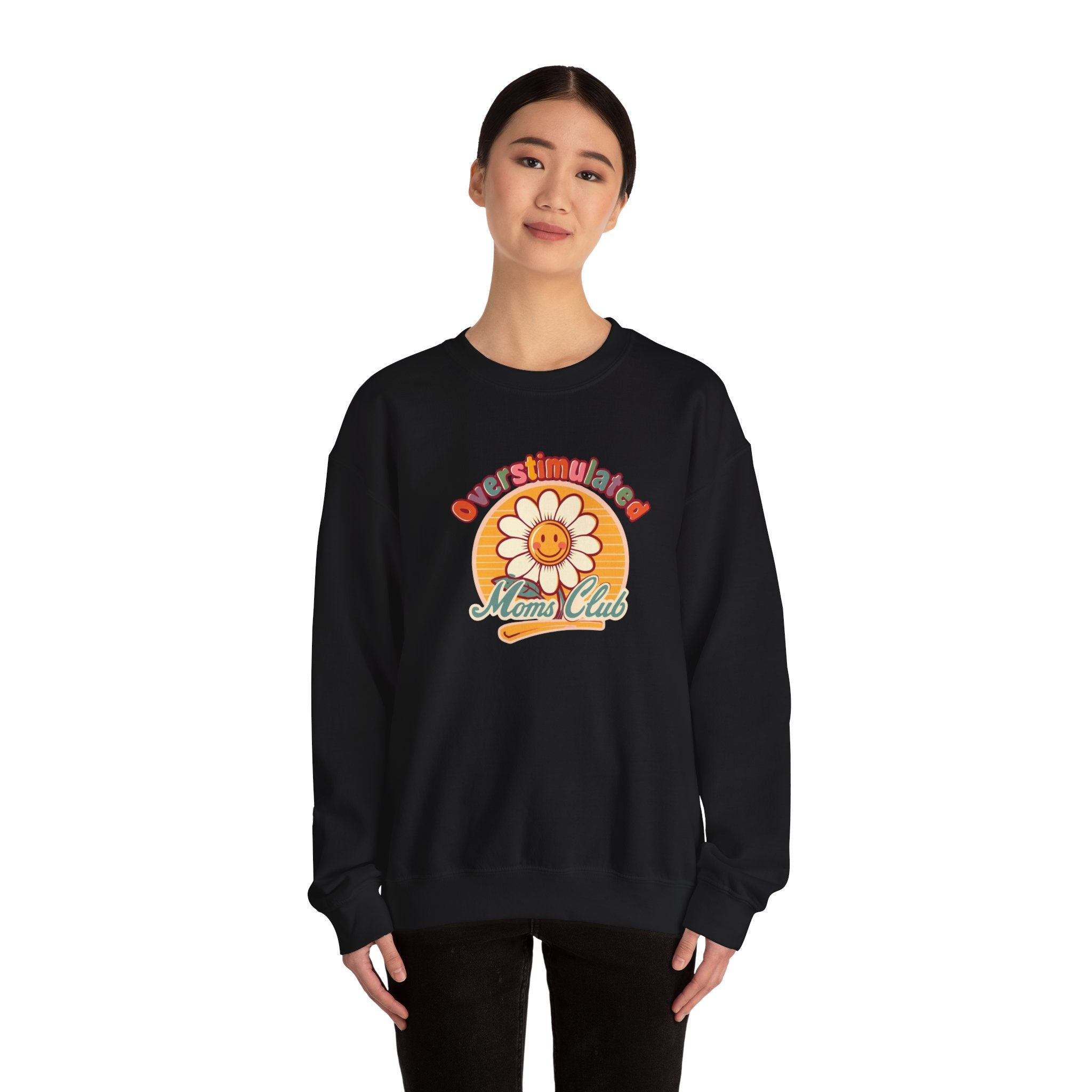 Oversaturated Moms Club Crewneck Sweatshirt — Retro Smiley Daisy Mom Gift